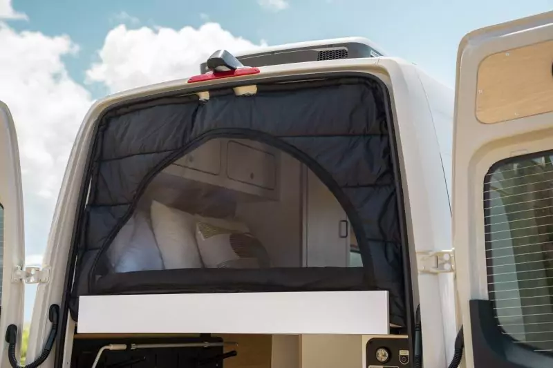 Protects & insulates the bed while rear doors are opened; includes rear bug screen